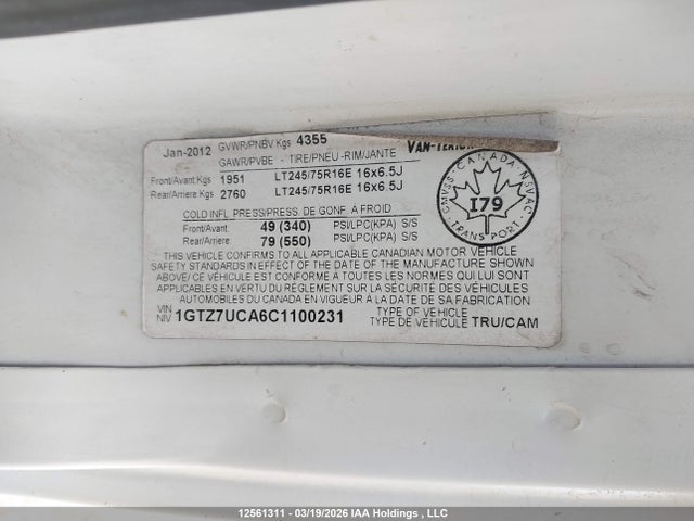 Aukcja sprzedaży 2012 Gmc Savana G3500, vin: 1GTZ7UCA6C1100231, numer aukcji: 12561311