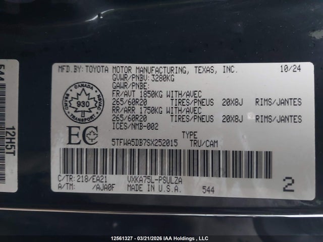 Aukcja sprzedaży 2025 Toyota Tundra Crewmax Limited/crewmax Platinum/crewmax 1794/crewmax Sr/crewmax Sr5, vin: 5TFWA5DB7SX252015, numer aukcji: 12561327