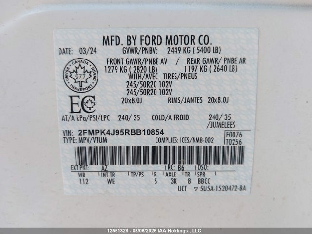 Продажа на аукционе авто 2024 Ford Edge Sel, vin: 2FMPK4J95RBB10854, номер лота: 12561328