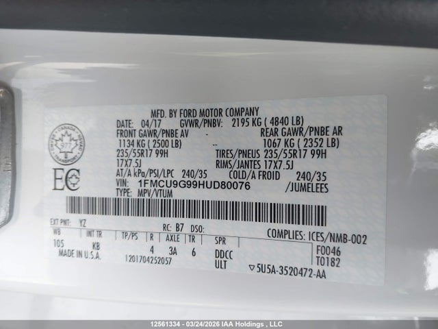 1FMCU9G99HUD80076 Ford ESCAPE SE