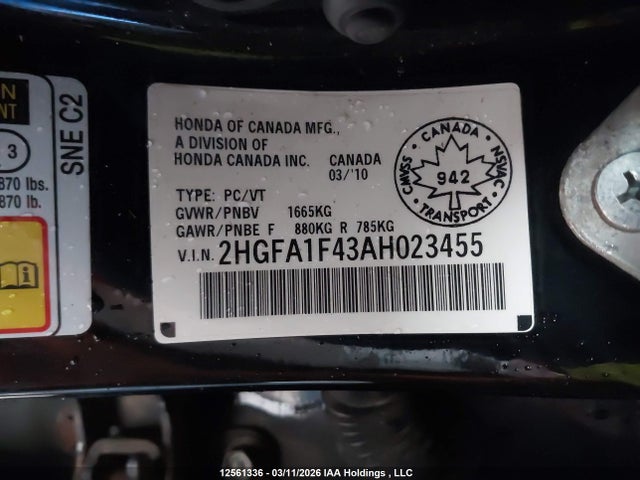 2010 Honda Civic Dx-g მანქანა იყიდება აუქციონზე, vin: 2HGFA1F43AH023455, აუქციონის ნომერი: 12561336