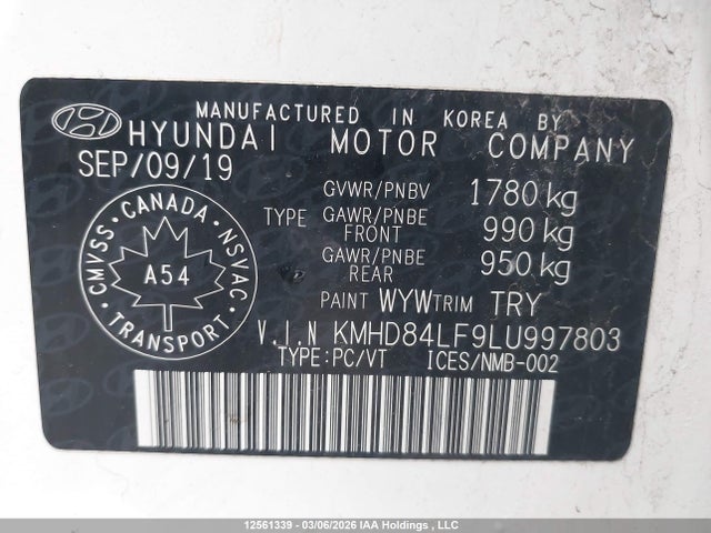 12561339 :رقم المزاد ، KMHD84LF9LU997803 vin ، 2020 Hyundai Elantra Sel/value/limited مزاد بيع
