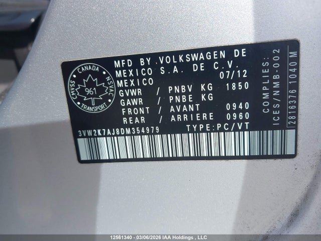 Aukcja sprzedaży 2013 Volkswagen Jetta 2.0l Trendline/2.0l Trendline+, vin: 3VW2K7AJ8DM354979, numer aukcji: 12561340