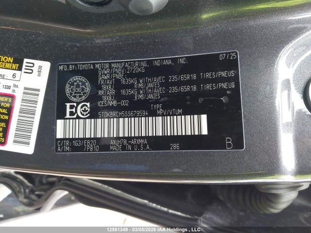 5TDKBRCH5SS679594 Toyota Highlander Hybrid Xle/hybrid Xle Nightshade/hybrid Limited/hybrid Platinum/hybrid Limited 25th Ed