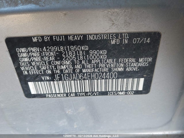 Auction sale of the 2014 Subaru Impreza Sport, vin: JF1GJAD64EH024400, lot number: 12509770