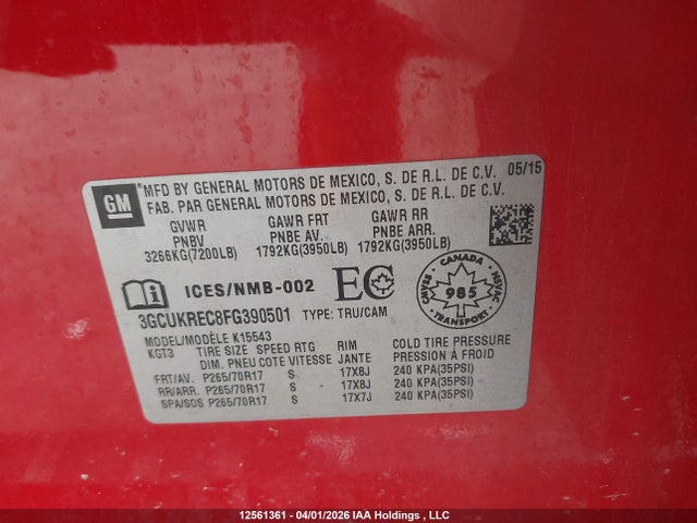 Aukcja sprzedaży 2015 Chevrolet Silverado 1500, vin: 3GCUKREC8FG390501, numer aukcji: 12561361