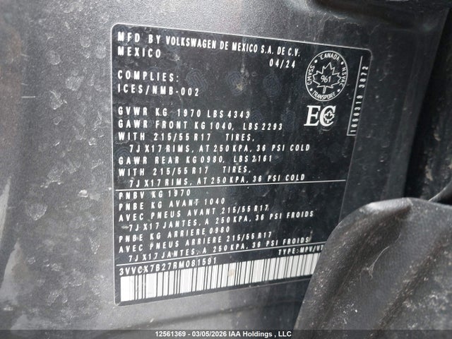 Продажа на аукционе авто 2024 Volkswagen Taos Trendline, vin: 3VVCX7B27RM081591, номер лота: 12561369