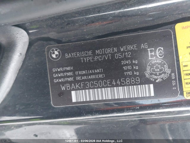 2012 Bmw 328i Xdrive მანქანა იყიდება აუქციონზე, vin: WBAKF3C50CE445889, აუქციონის ნომერი: 12561381
