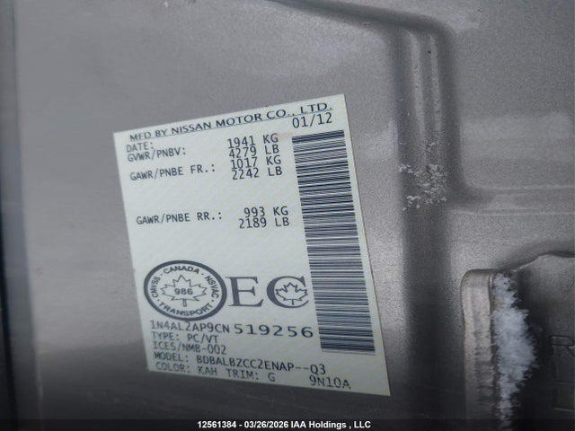 Продажа на аукционе авто 2012 Nissan Altima S, vin: 1N4AL2AP9CN519256, номер лота: 12561384