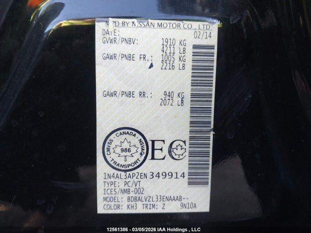 2014 Nissan Altima 2.5/2.5 S/2.5 Sl/2.5 Sv მანქანა იყიდება აუქციონზე, vin: 1N4AL3AP2EN349914, აუქციონის ნომერი: 12561386
