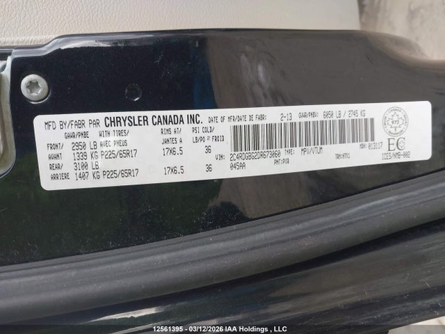 12561395 :رقم المزاد ، 2C4RDGBG2DR673060 vin ، 2013 Dodge Grand Caravan مزاد بيع