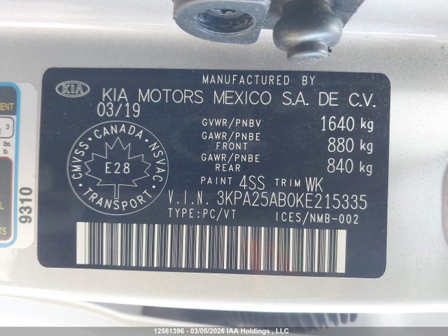3KPA25AB0KE215335 KIA RIO S