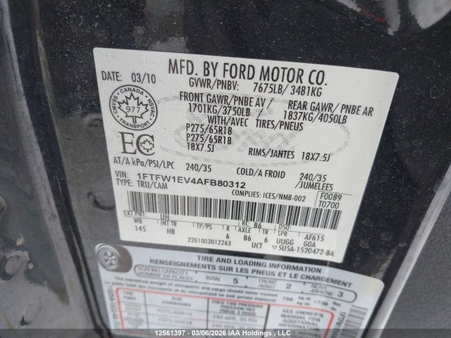 12561397 :رقم المزاد ، 1FTFW1EV4AFB80312 vin ، 2010 Ford F150 Supercrew مزاد بيع