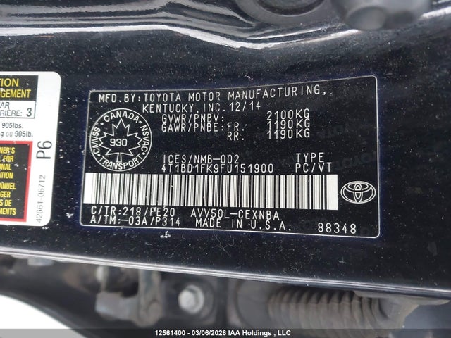 Auction sale of the 2015 Toyota Camry Hybrid/le/xle/se, vin: 4T1BD1FK9FU151900, lot number: 12561400
