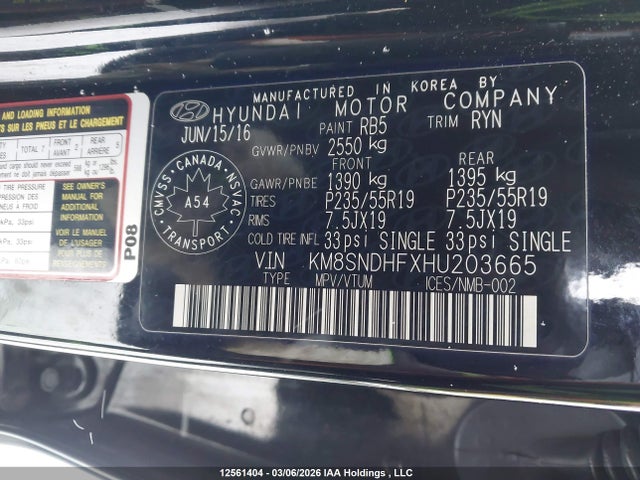KM8SNDHFXHU203665 Hyundai Santa Fe Se/limited