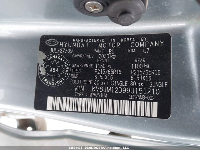 Продажа на аукционе авто 2009 Hyundai Tucson Gls, vin: KM8JM12B99U151210, номер лота: 12561431