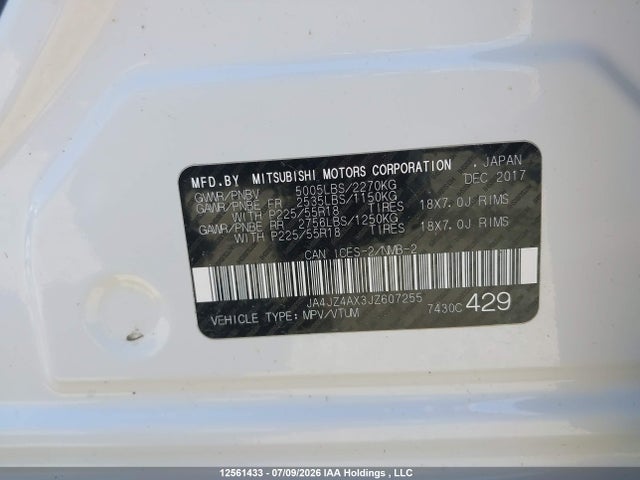 Продажа на аукционе авто 2018 Mitsubishi Outlander Gt, vin: JA4JZ4AX3JZ607255, номер лота: 12561433