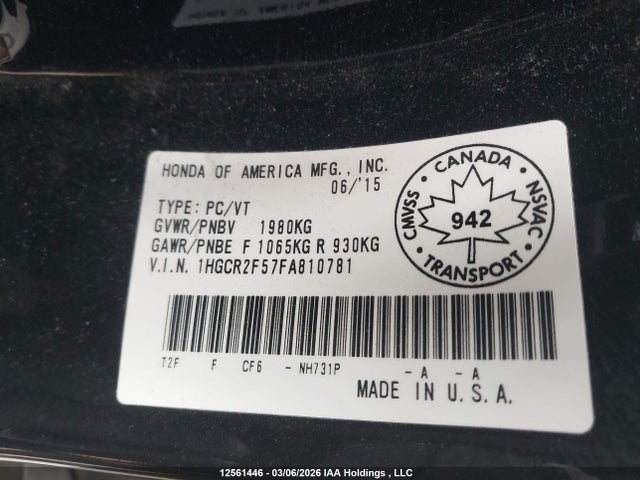 Продаж на аукціоні авто 2015 Honda Accord Sport, vin: 1HGCR2F57FA810781, номер лоту: 12561446