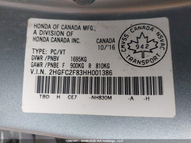 Продаж на аукціоні авто 2017 Honda Civic Ex, vin: 2HGFC2F83HH001386, номер лоту: 12561451