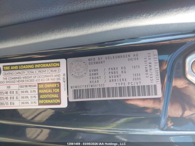 12561459 :رقم المزاد ، WVWEV71K67W001533 vin ، 2007 Volkswagen New Gti مزاد بيع