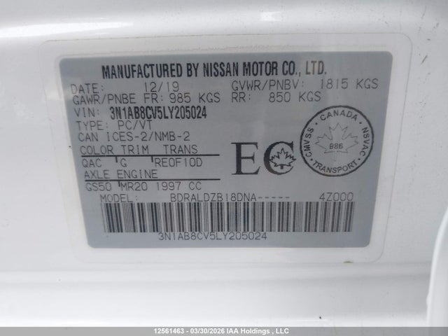 Aukcja sprzedaży 2020 Nissan Sentra, vin: 3N1AB8CV5LY205024, numer aukcji: 12561463
