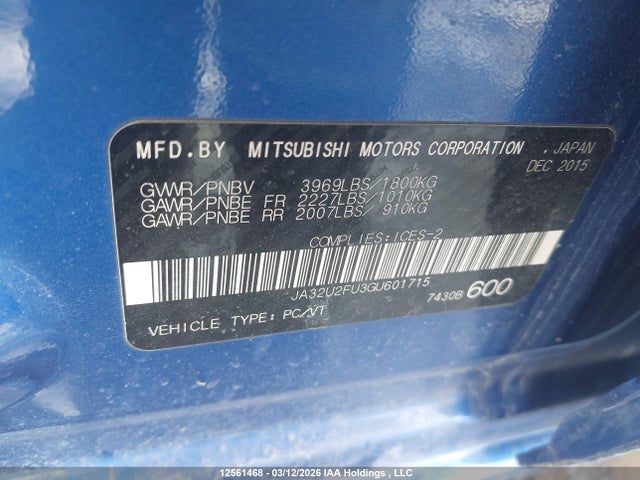 12561468 :رقم المزاد ، JA32U2FU3GU601715 vin ، 2016 Mitsubishi Lancer Es/se Ltd مزاد بيع