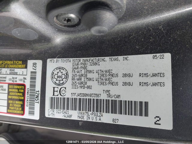 Продаж на аукціоні авто 2022 Toyota Tundra Crewmax Limited, vin: 5TFJA5DB0NX033587, номер лоту: 12561471