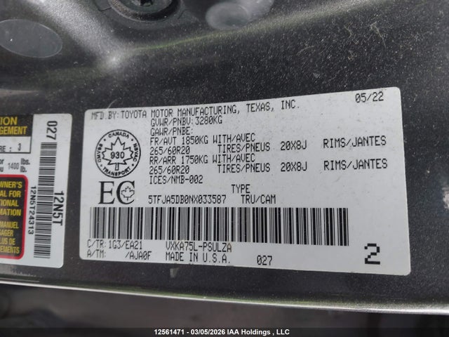 Продаж на аукціоні авто 2022 Toyota Tundra Crewmax Limited, vin: 5TFJA5DB0NX033587, номер лоту: 12561471
