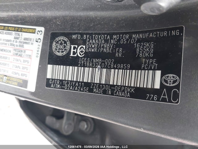 12561478 :رقم المزاد ، 2T1BR32E07C849859 vin ، 2007 Toyota Corolla Ce/le/s مزاد بيع