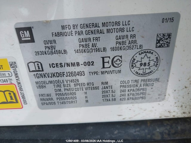 1GNKVJKD6FJ260493 Chevrolet Traverse Ltz