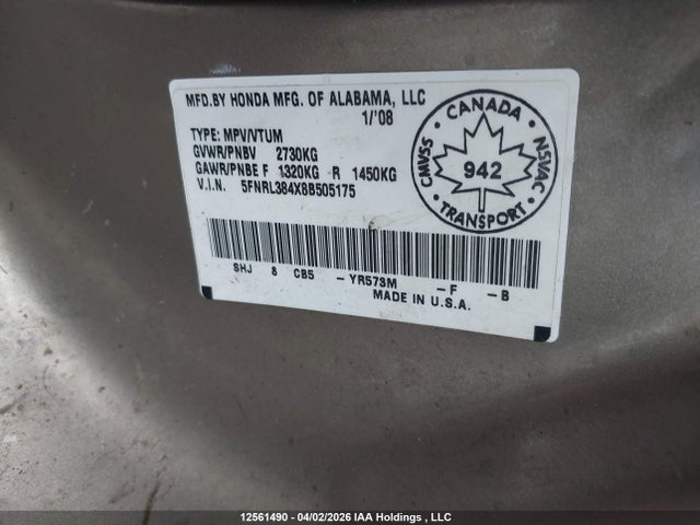 Продаж на аукціоні авто 2008 Honda Odyssey Ex, vin: 5FNRL384X8B505175, номер лоту: 12561490