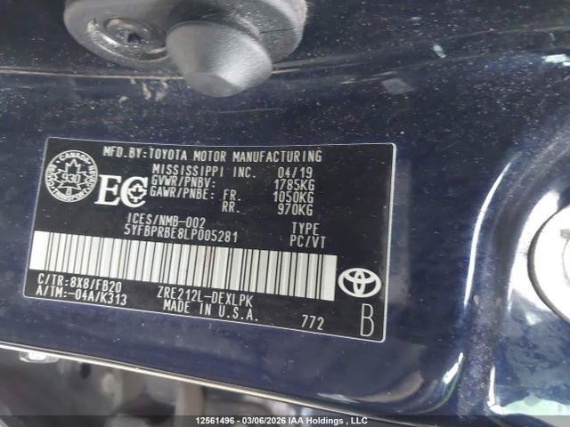 Aukcja sprzedaży 2020 Toyota Corolla Le, vin: 5YFBPRBE8LP005281, numer aukcji: 12561496