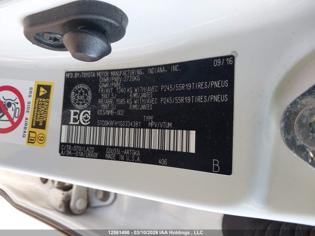 2016 Toyota Highlander Limited მანქანა იყიდება აუქციონზე, vin: 5TDDKRFH1GS334381, აუქციონის ნომერი: 12561498