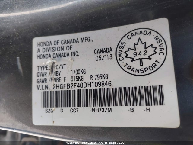 12561499 :رقم المزاد ، 2HGFB2F40DH109846 vin ، 2013 Honda Civic Lx مزاد بيع