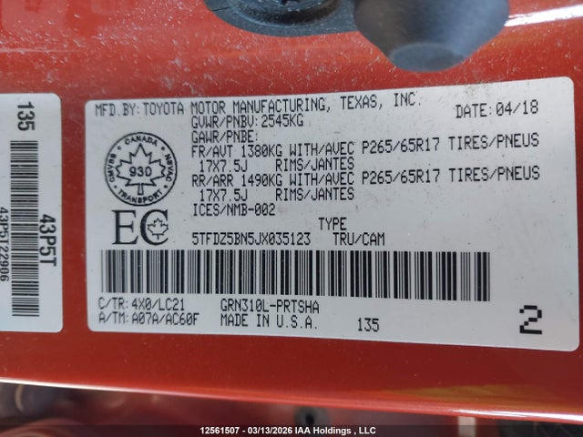 5TFDZ5BN5JX035123 Toyota Tacoma Sr5