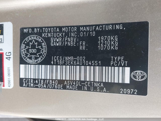 Продаж на аукціоні авто 2010 Toyota Camry Le, vin: 4T1BF3EK6AU104551, номер лоту: 12561511