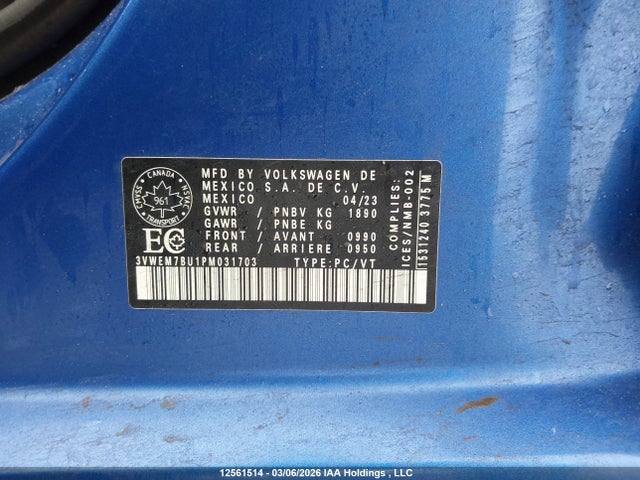 12561514 :رقم المزاد ، 3VWEM7BU1PM031703 vin ، 2023 Volkswagen Jetta Se مزاد بيع