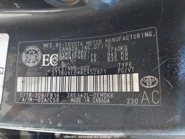 12561517 :رقم المزاد ، 2T1BU4EE4AC452971 vin ، 2010 Toyota Corolla Ce مزاد بيع
