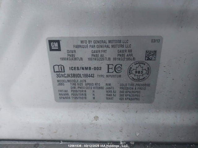 12561536 :رقم المزاد ، 3GNCJKSB9DL188442 vin ، 2013 Chevrolet Trax Ls مزاد بيع