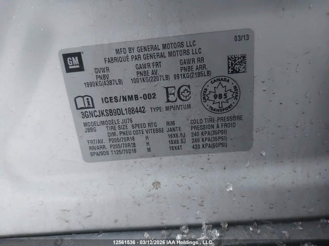 12561536 :رقم المزاد ، 3GNCJKSB9DL188442 vin ، 2013 Chevrolet Trax Ls مزاد بيع