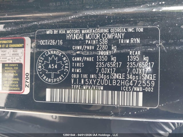 5XYZUDLB2HG472559 Hyundai Santa Fe Sport 2.4 Se