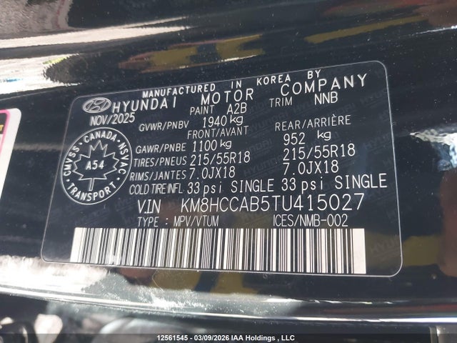 Продаж на аукціоні авто 2026 Hyundai Kona Preferred-trend, vin: KM8HCCAB5TU415027, номер лоту: 12561545