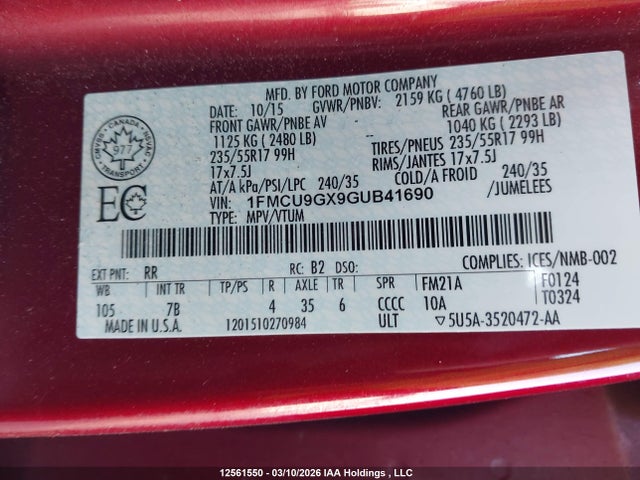 1FMCU9GX9GUB41690 Ford ESCAPE SE
