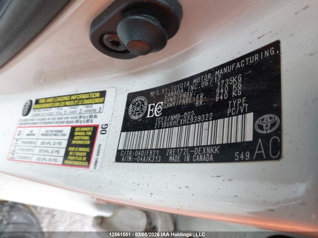 12561551 :رقم المزاد ، 2T1BURHEXHC939322 vin ، 2017 Toyota Corolla Le مزاد بيع