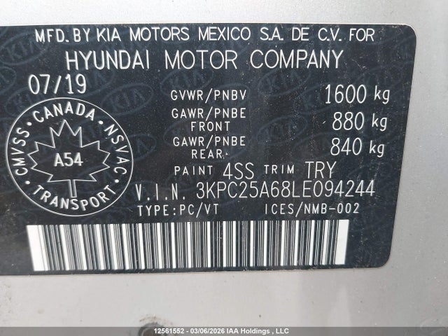 Aukcja sprzedaży 2020 Hyundai Accent Se/sel, vin: 3KPC25A68LE094244, numer aukcji: 12561552