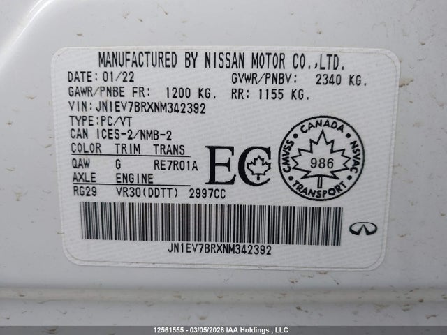 12561555 :رقم المزاد ، JN1EV7BRXNM342392 vin ، 2022 Infiniti Q50 Luxe مزاد بيع