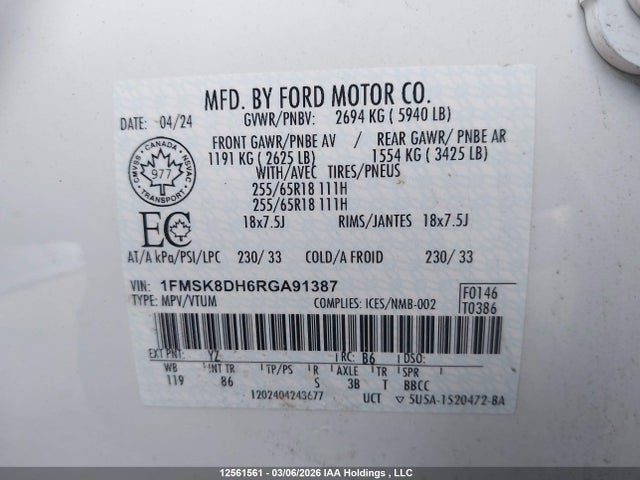 Aukcja sprzedaży 2024 Ford Explorer Xlt, vin: 1FMSK8DH6RGA91387, numer aukcji: 12561561