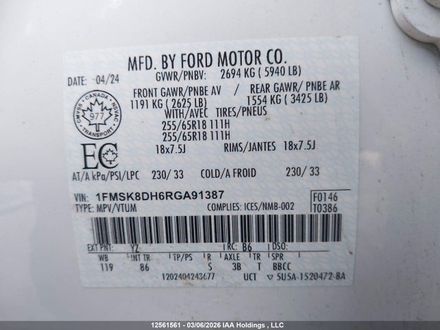 Aukcja sprzedaży 2024 Ford Explorer Xlt, vin: 1FMSK8DH6RGA91387, numer aukcji: 12561561