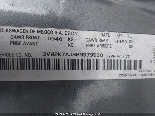 Продажа на аукционе авто 2011 Volkswagen Jetta S, vin: 3VW2K7AJ8BM379538, номер лота: 12561565
