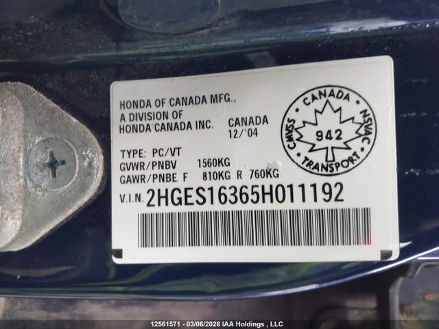 12561571 :رقم المزاد ، 2HGES16365H011192 vin ، 2005 Honda Civic Dx Vp مزاد بيع